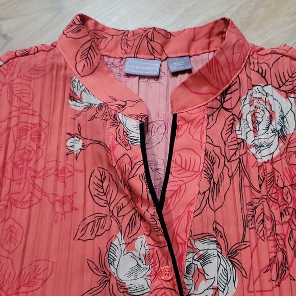 🔺️Laura Scott Coral Floral Print Crinkle Buttoned Blouse Large - Picture 5 of 12